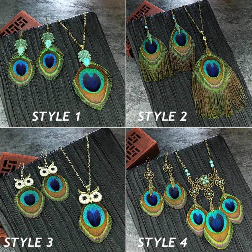 Antique Turquoise Peacock Feather Necklace and Earring Sets,